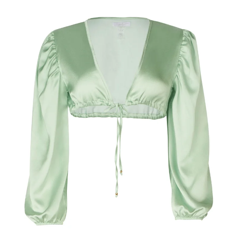 Jenna Long Sleeve Pastel Green Crop Top Collared Crop Top Boat Neck A-Line