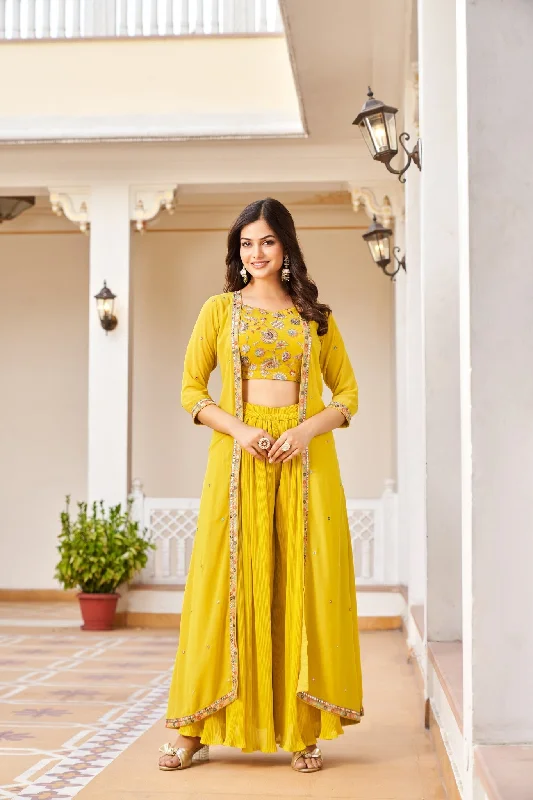 Yellow Embroidered Georgette Crop Top And Palazzo Set Houndstooth Herringbone Solid