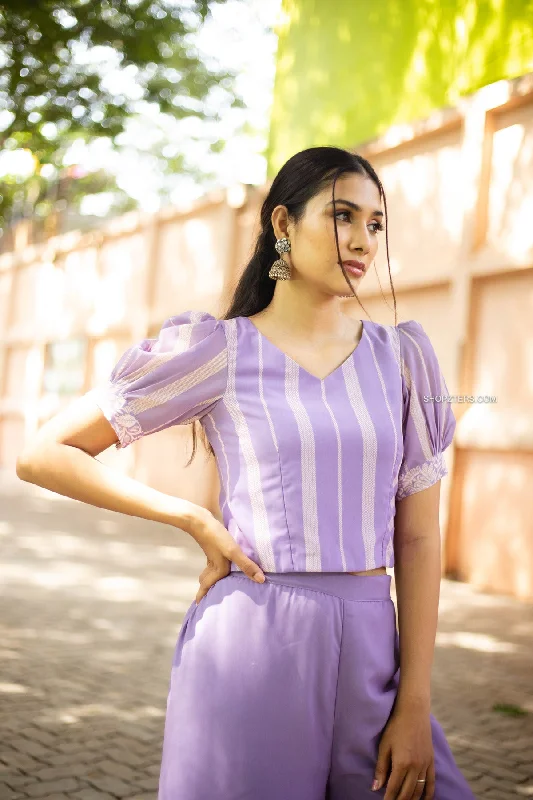 Lilac Crop Top with Flowy Pants Lace Blend Ribbed Blend Corduroy Blend