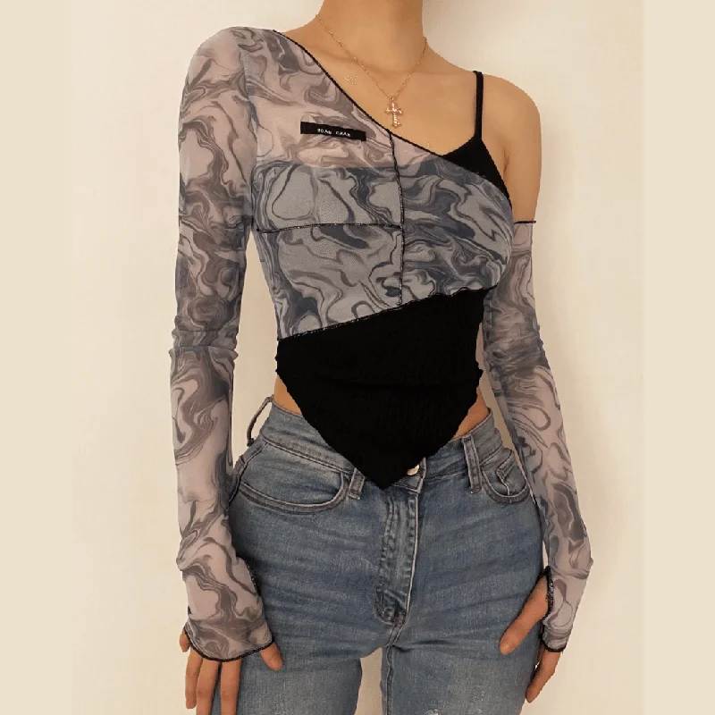 Long sleeve mesh irregular ruffled crop top Embroidered Appliqued Beaded