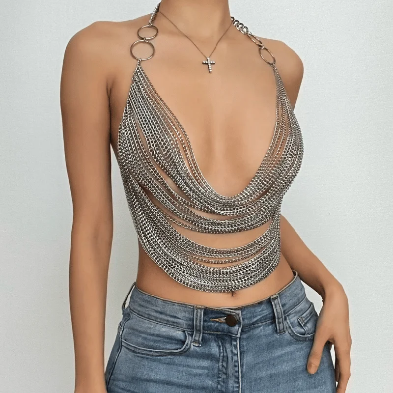Metal chain see through o ring halter backless crop top Hooded Caped Shawl Collar