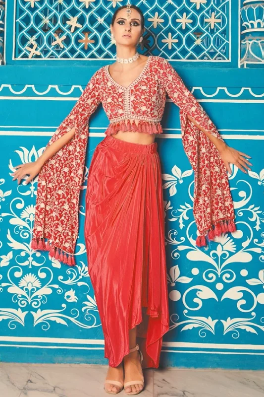 Pink Dhoti Crop Top Set In Satin With Lucknowi Embroidery Work Polka Dot Checkered Tartan Pink Dhoti Crop Top Set In Satin With Lucknowi Embroidery Work Polka Dot Checkered Tartan