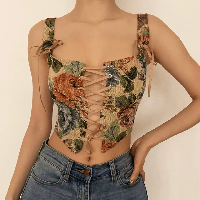 Print bow tie lace up bustier crop top Solid Print Embellished