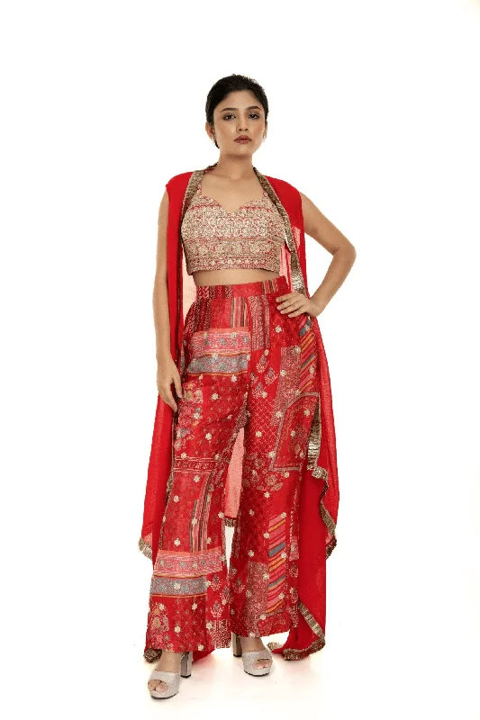 Red Cape Set with Embroidered Crop Top and Printed Palazzo Hooded Caped Shawl Collar Red Cape Set with Embroidered Crop Top and Printed Palazzo Hooded Caped Shawl Collar
