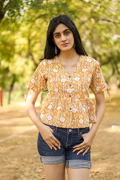 Sootisyahi 'Delighting Daffodils' Azofree Handblock Printed Pure Cotton Crop Top Elasticated Padded Insulated Sootisyahi 'Delighting Daffodils' Azofree Handblock Printed Pure Cotton Crop Top Elasticated Padded Insulated