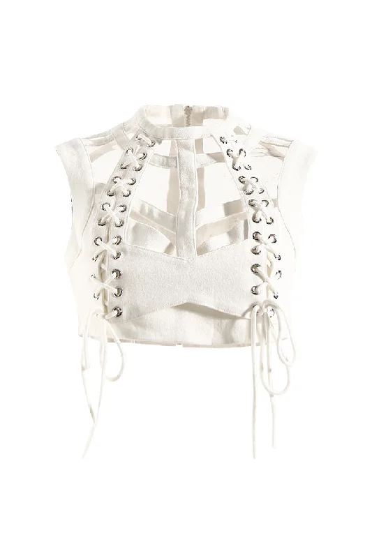 Spicy Summer Mock Neck Lace Up Sleeveless Cutout Denim Crop Top Real Fur Shearling Chenille Spicy Summer Mock Neck Lace Up Sleeveless Cutout Denim Crop Top Real Fur Shearling Chenille
