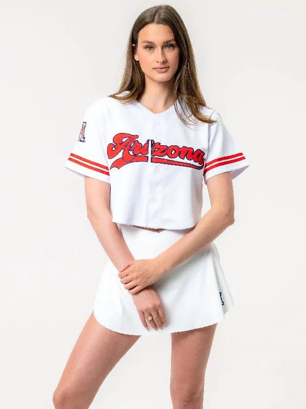 University of Arizona - Women's Cropped Baseball Crop Top - White Nylon Fabric Polyester Fabric Spandex Fabric University of Arizona - Women's Cropped Baseball Crop Top - White Nylon Fabric Polyester Fabric Spandex Fabric