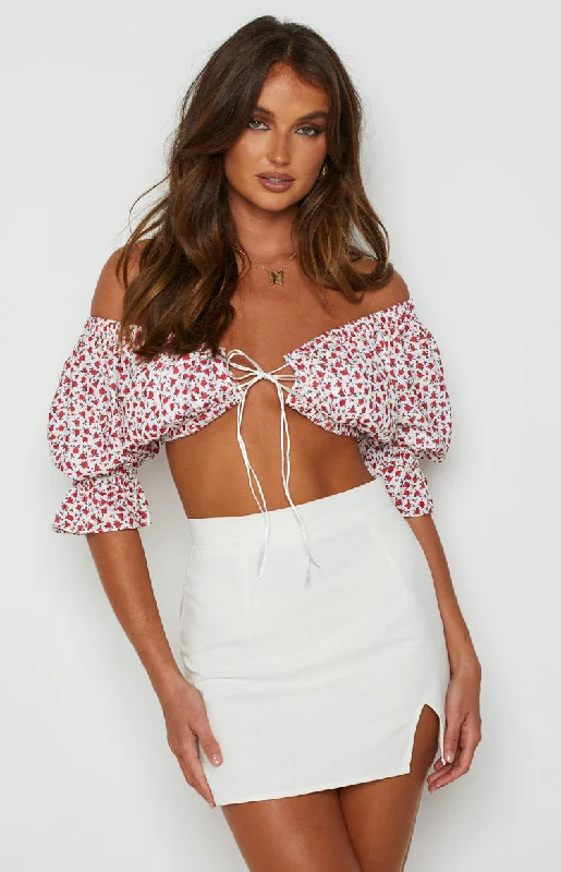Alannah Crop Top White Floral Zippered Buttoned Snapped