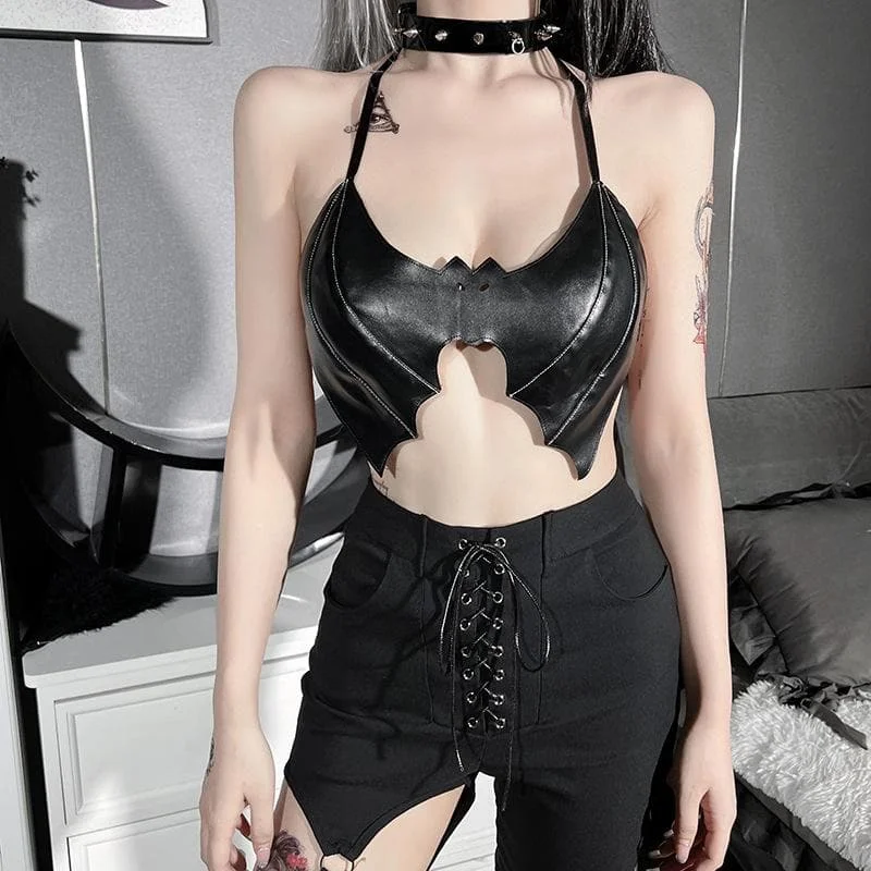Bat PU leather halter solid self tie backless crop top Notch Collar Peter Pan Collar Cowl Neck Bat PU leather halter solid self tie backless crop top Notch Collar Peter Pan Collar Cowl Neck