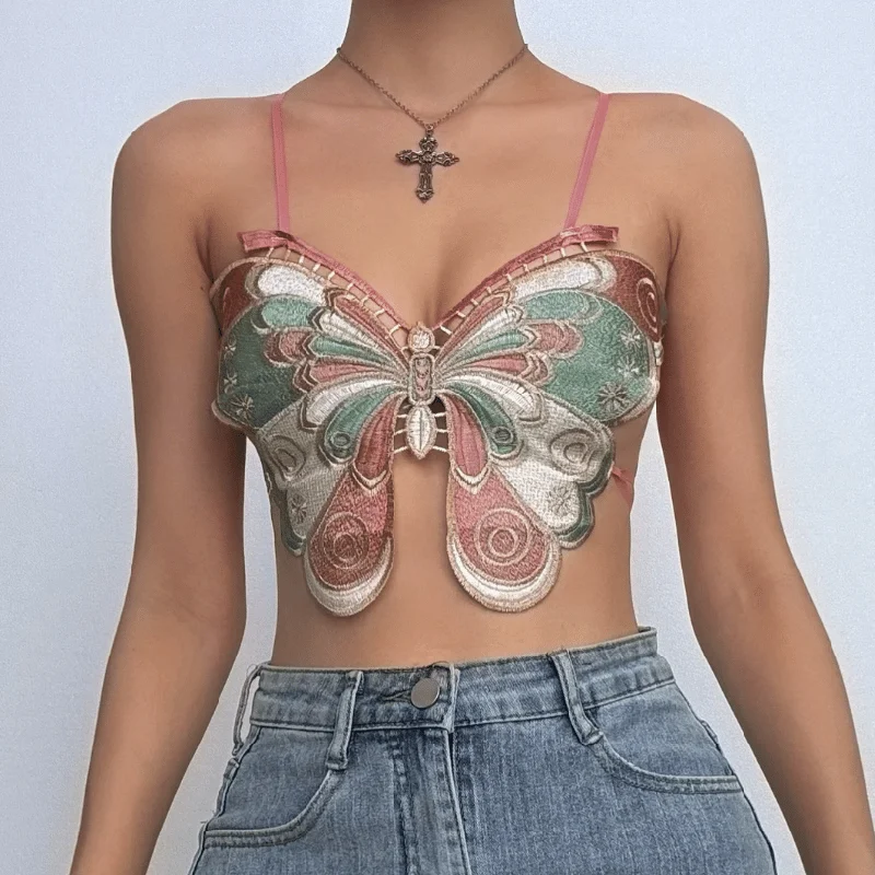 Contrast embroidery butterfly cross backless crop top Layered Multi-layer Single Layer Contrast embroidery butterfly cross backless crop top Layered Multi-layer Single Layer