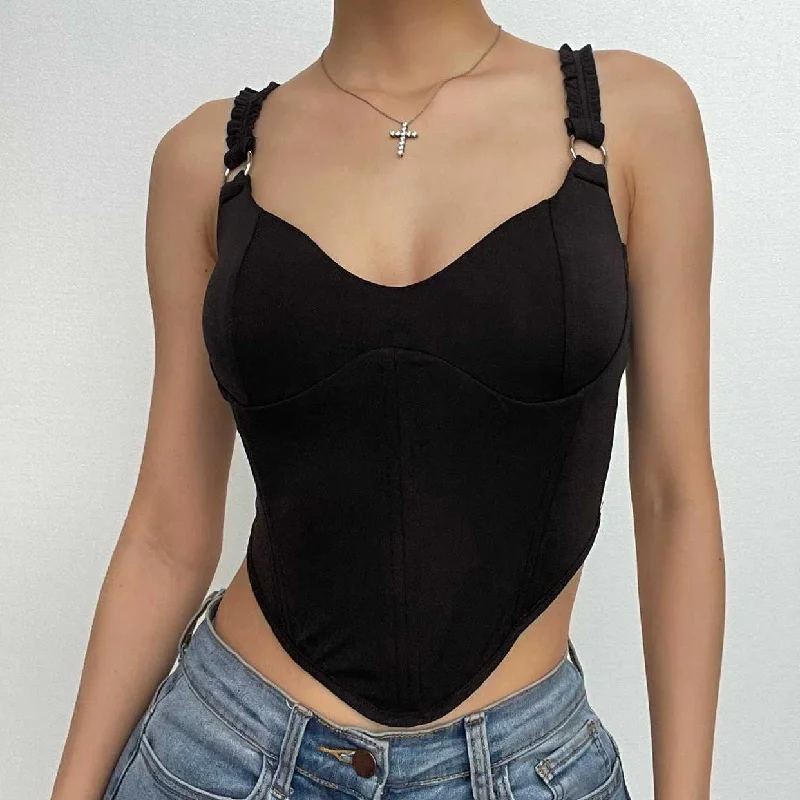 Corset solid v neck o ring backless sleeveless crop top Polka Dot Checkered Tartan