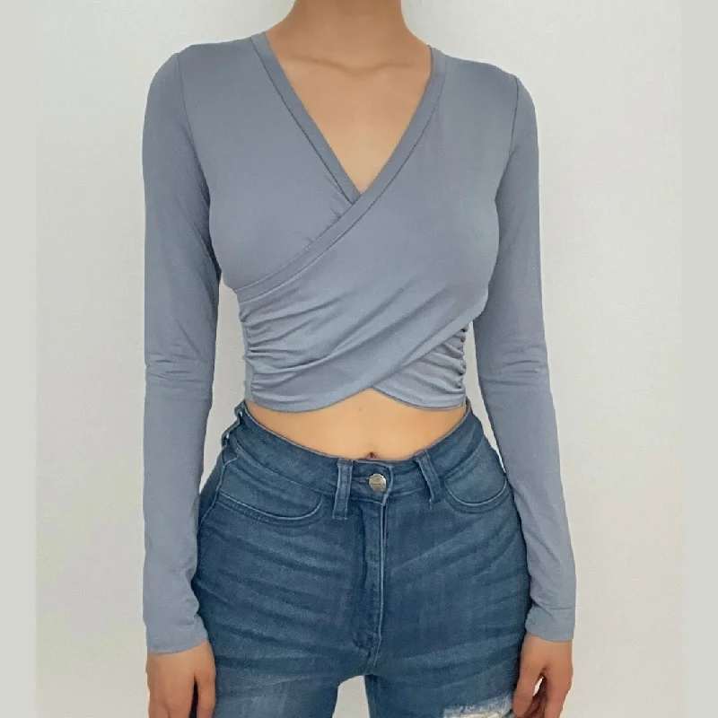 Cross front ruched solid v neck long sleeve crop top Print Jacquard Patchwork