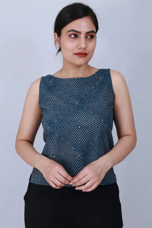 Dharan 'Crop Top' Indigo Block Printed Top Elasticated Padded Insulated
