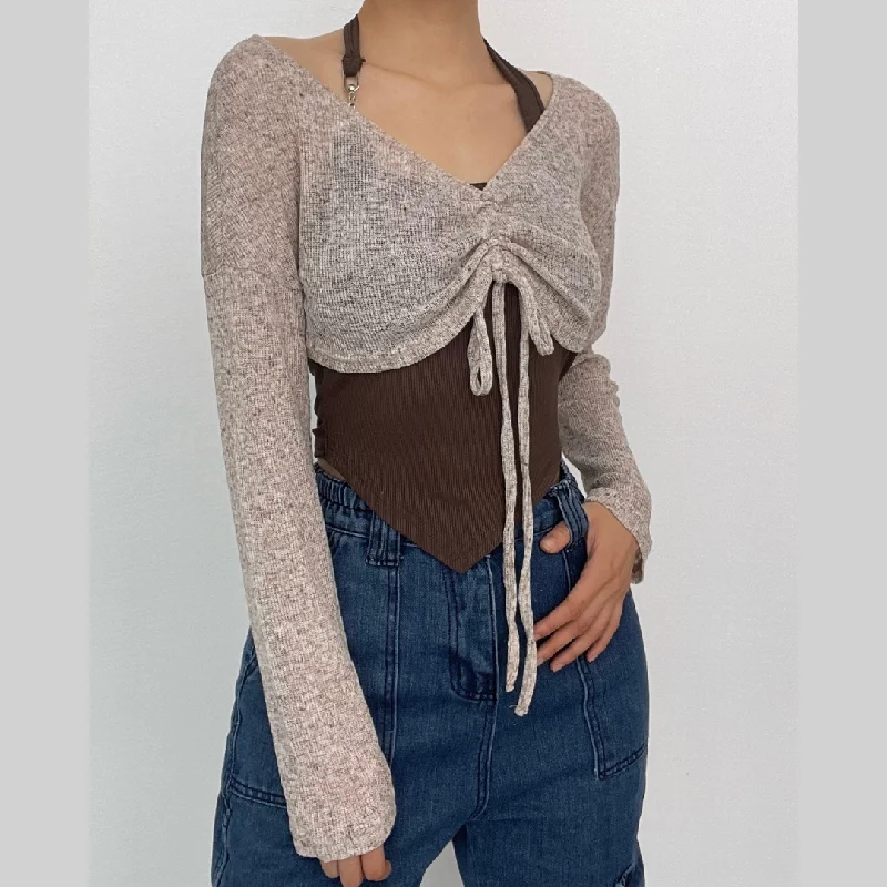 Drawstring contrast halter ribbed long sleeve 2 piece crop top Knit Fabric Woven Fabric Fleece Fabric