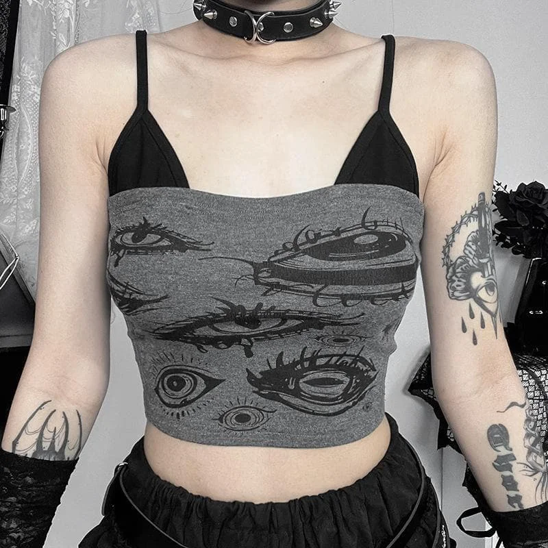 Eye print patchwork cami crop top Front Pockets Side Pockets Patch Pockets