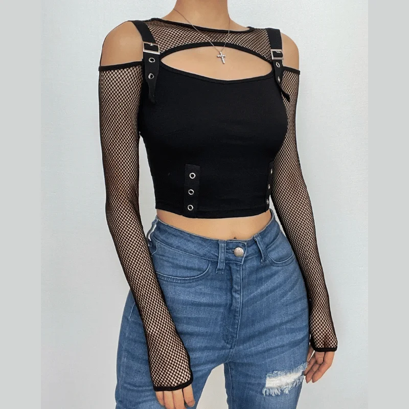 Fishnet patchwork off shoulder buckle long sleeve crop top Elegant Classic Vintage