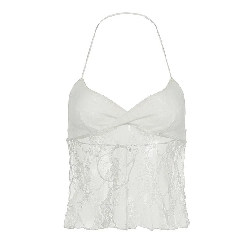 Halter backless lace hem crop top Summer Crop Top Casual Short Sleeve