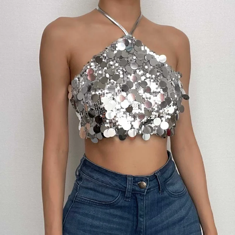 Halter self tie glitter backless textured crop top Solid Color Striped Floral