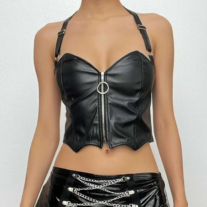 Halter zip-up backless PU leather low cut crop top Satin Blend Silk Blend Wool Blend Halter zip-up backless PU leather low cut crop top Satin Blend Silk Blend Wool Blend