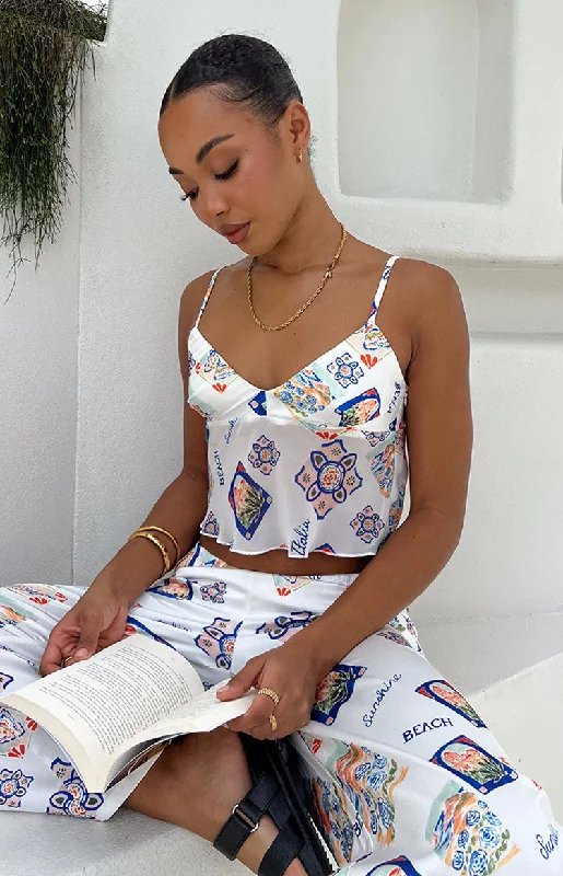 Kyrah White Satin Italia Print Crop Top Chenille Brocade Lace