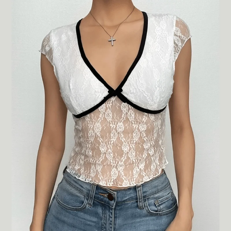 Lace contrast v neck cap sleeve bowknot ruffle crop top Sequined Glittery Shiny