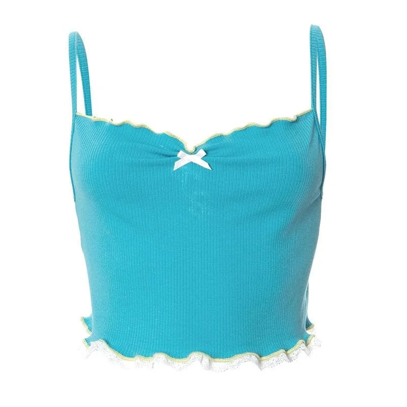 Lace hem ruffle bowknot ribbed cami crop top Collared Crew Neck Turtle Neck