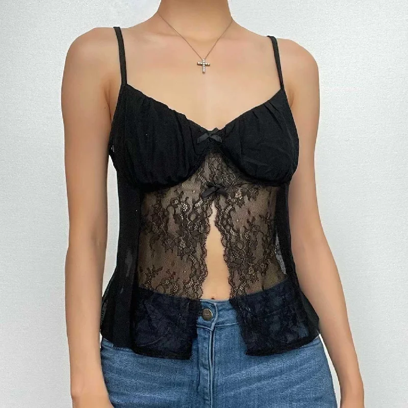 Lace patchwork ruched solid v neck slit cami crop top Wool Fabric Cashmere Fabric Tweed Fabric