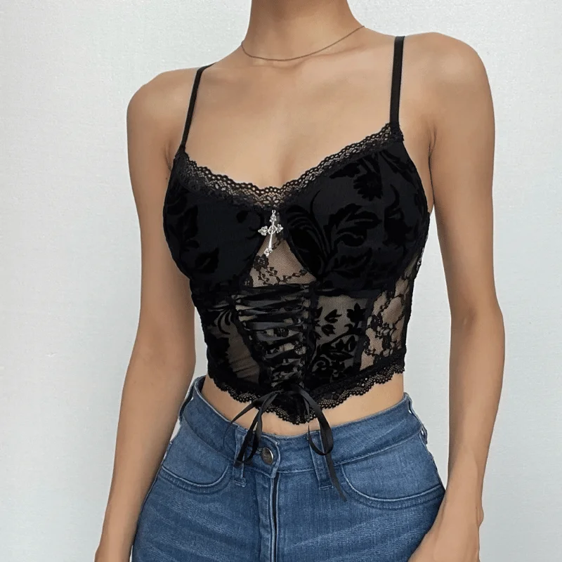Lace patchwork solid cross applique lace up crop top Chenille Blend Fleece Blend Nylon Blend Lace patchwork solid cross applique lace up crop top Chenille Blend Fleece Blend Nylon Blend
