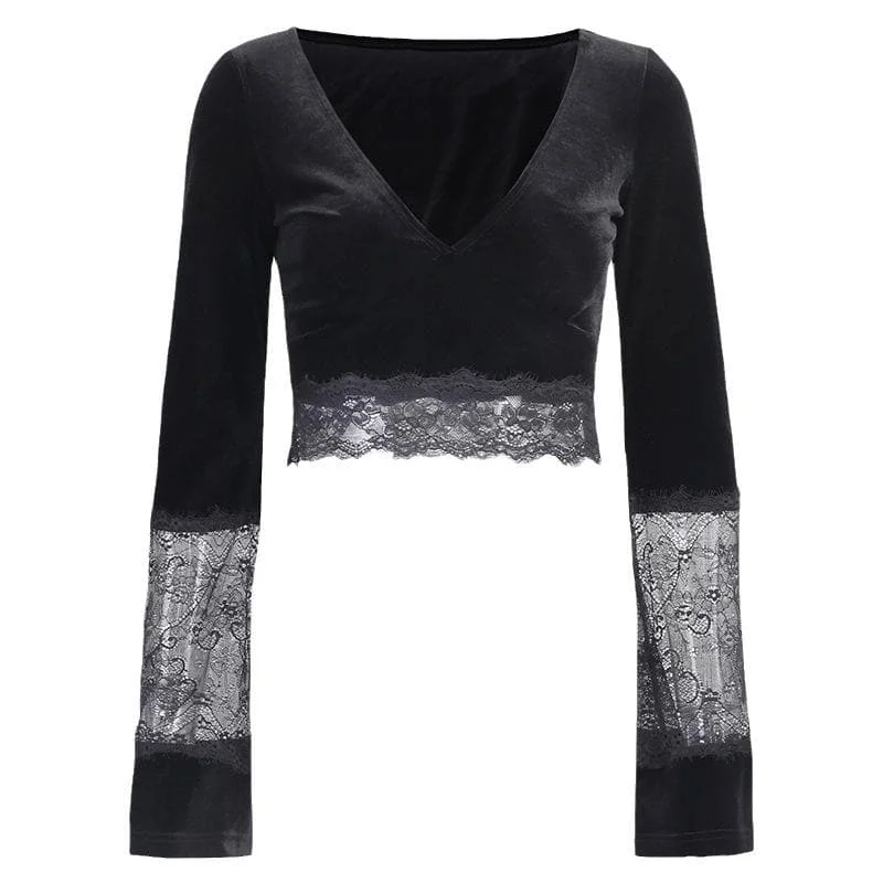 Lace patchwork v neck solid velvet long flared sleeve crop top Boxy Fit Fitted Loose Lace patchwork v neck solid velvet long flared sleeve crop top Boxy Fit Fitted Loose