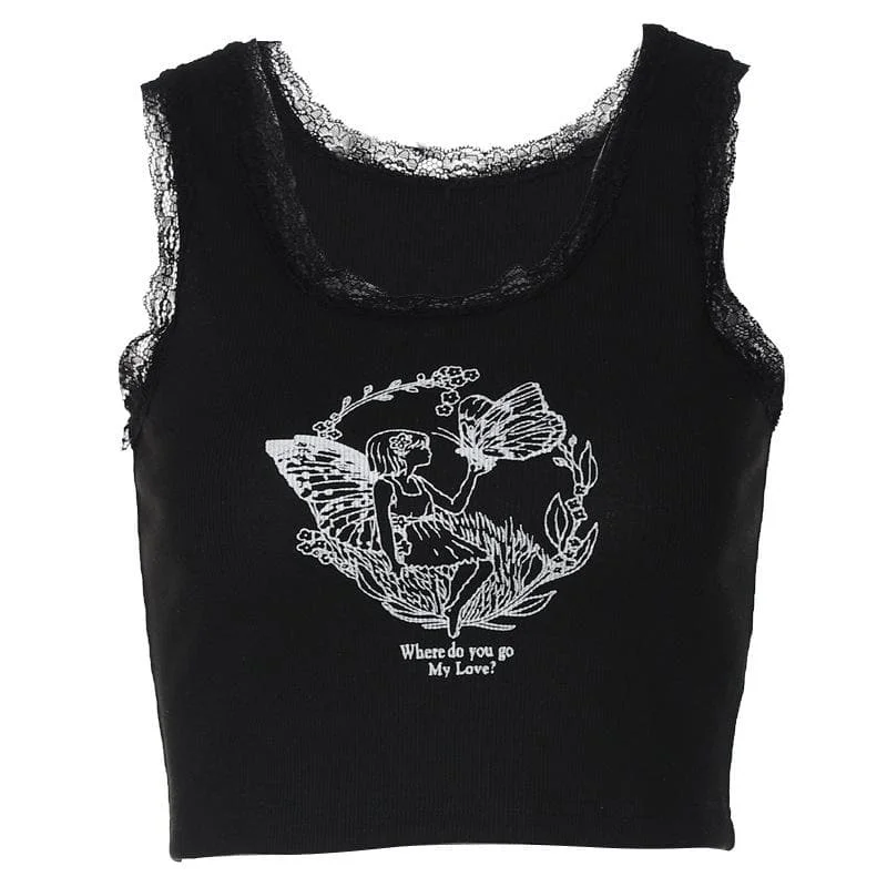 Lace hem butterfly pattern contrast sleeveless ribbed crop top Embroidered Appliqued Beaded Lace hem butterfly pattern contrast sleeveless ribbed crop top Embroidered Appliqued Beaded