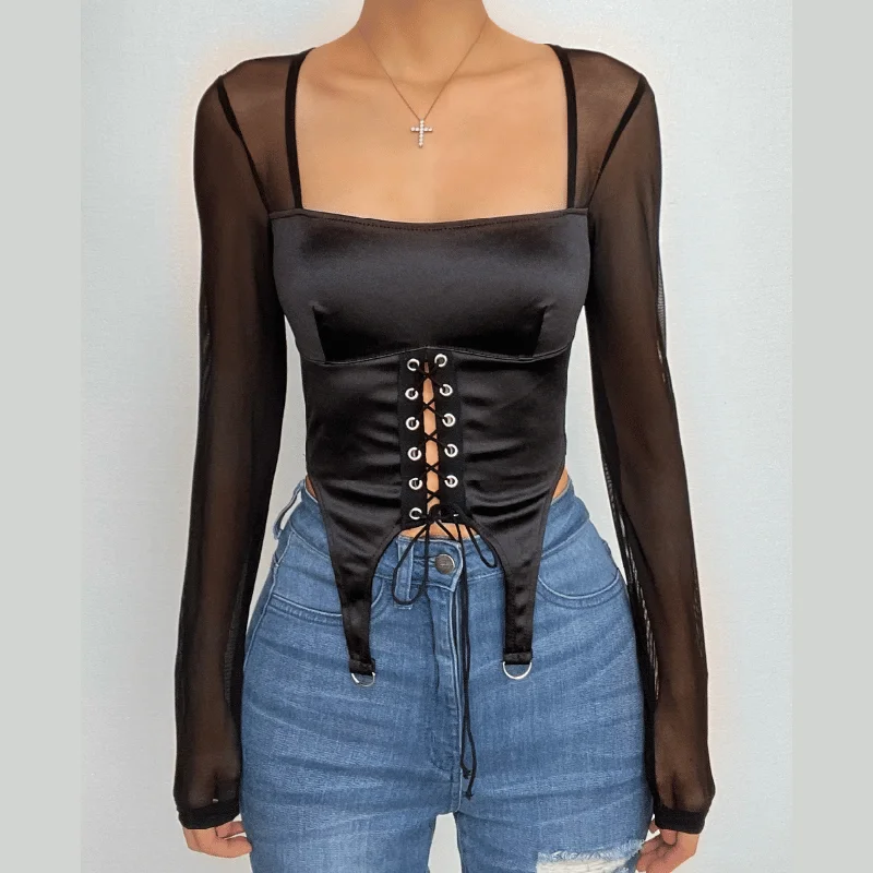 Lace up square neck mesh long sleeve crop top Machine Wash Dry Clean Hand Wash