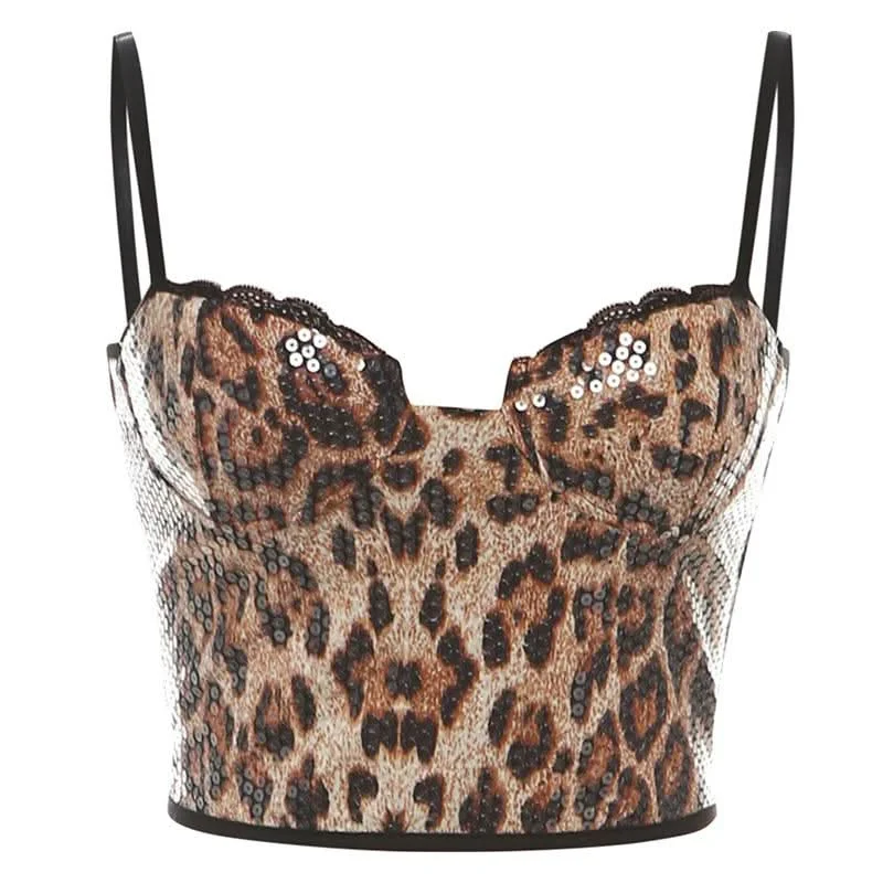 Leopard print lace hem glitter cami crop top Solid Print Embellished