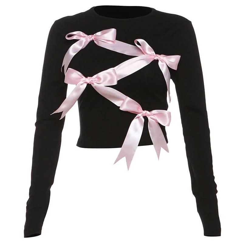 Long sleeve bowknot crewneck applique crop top Polka Dot Checkered Tartan