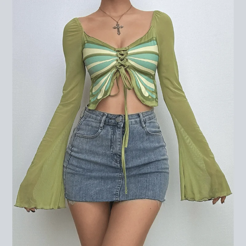 Long sleeve halter butterfly pattern drawstring crop top Iron Safe Non-Iron Wrinkle Free Long sleeve halter butterfly pattern drawstring crop top Iron Safe Non-Iron Wrinkle Free