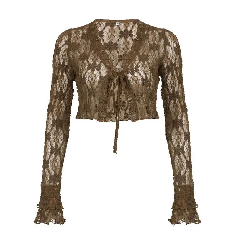 Long sleeve lace self tie crop top Lace Blend Ribbed Blend Corduroy Blend