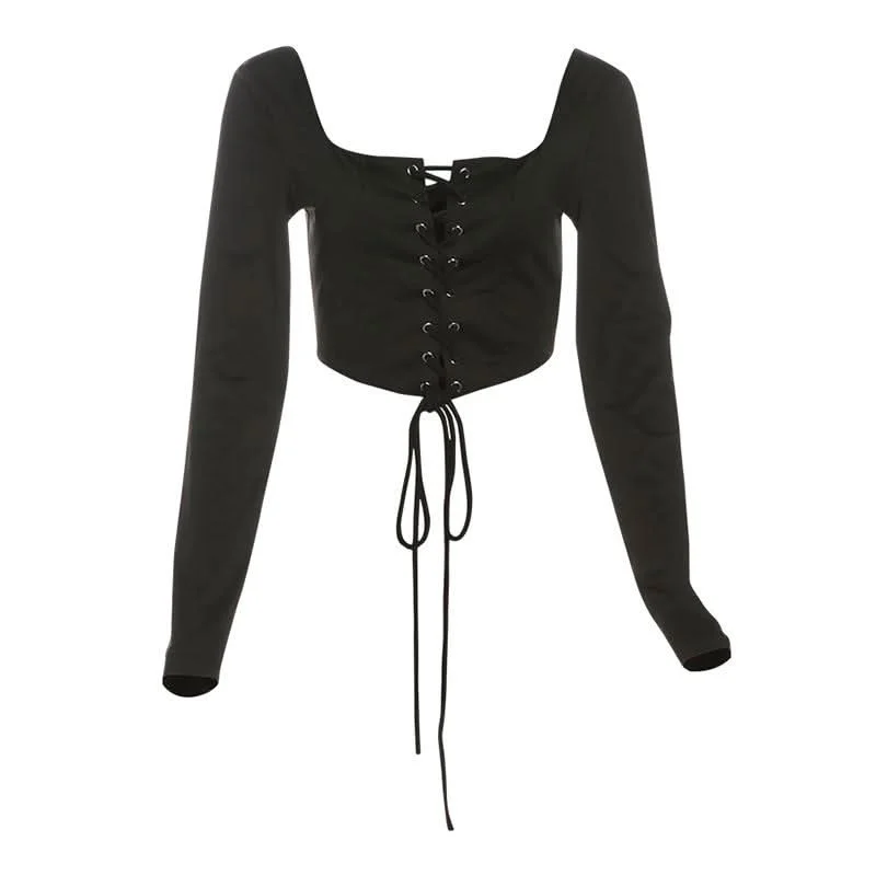 Long sleeve lace up square neck solid crop top Denim Fabric Leather Fabric Suede Fabric Long sleeve lace up square neck solid crop top Denim Fabric Leather Fabric Suede Fabric