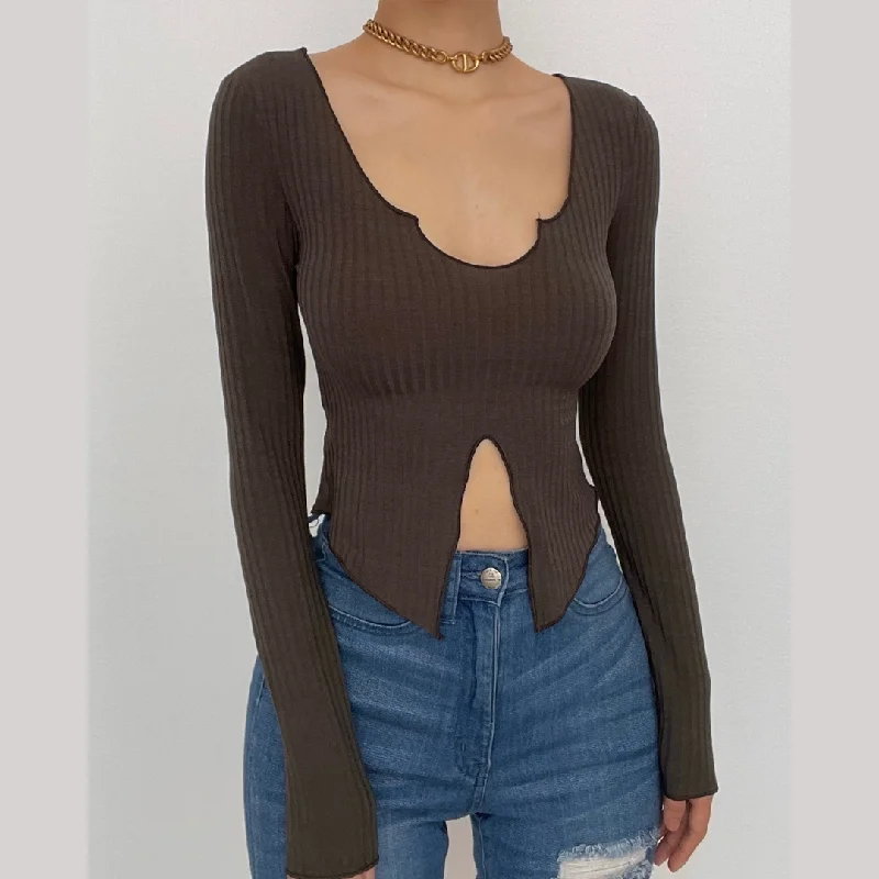 Long sleeve notch neck ruffle solid slit crop top Spandex Blend Rayon Blend Denim Blend Long sleeve notch neck ruffle solid slit crop top Spandex Blend Rayon Blend Denim Blend