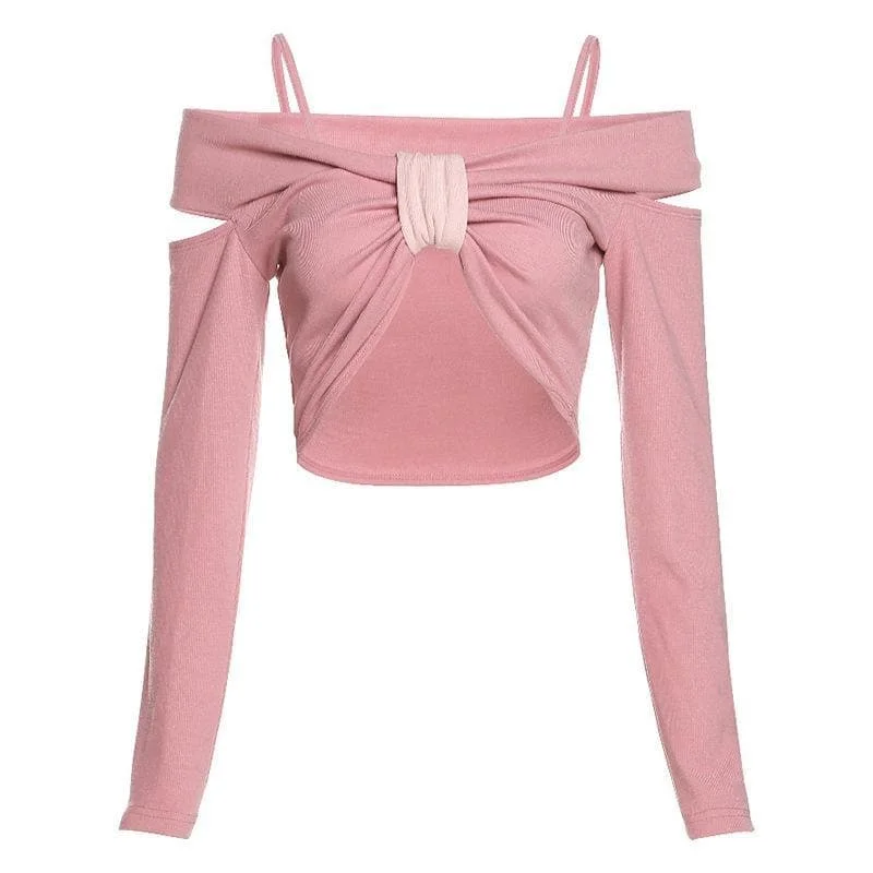 Long sleeve off shoulder knotted crop top Casual Formal Business