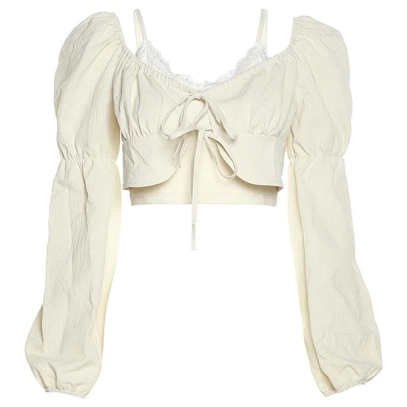 Puff sleeve solid ribbed lace hem patchwork self tie crop top Cashmere Blend Cotton Blend Poly Blend Puff sleeve solid ribbed lace hem patchwork self tie crop top Cashmere Blend Cotton Blend Poly Blend