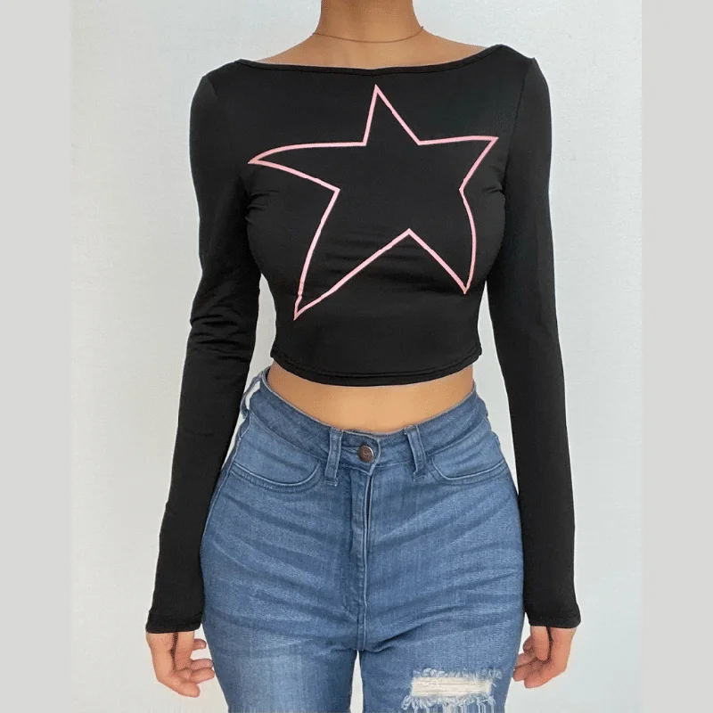 Long sleeve star pattern backless contrast crop top Fleece Fabric Down Fabric Feather Fabric Long sleeve star pattern backless contrast crop top Fleece Fabric Down Fabric Feather Fabric