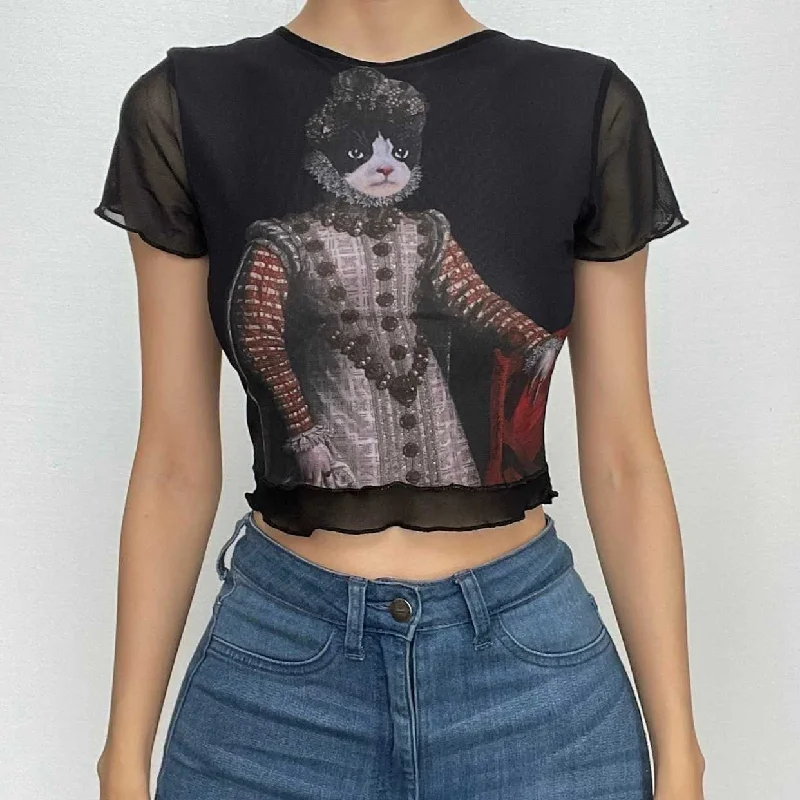 Mesh cat pattern short sleeve ruffle contrast crop top Zippered Front Buttoned Front Snap Front Mesh cat pattern short sleeve ruffle contrast crop top Zippered Front Buttoned Front Snap Front