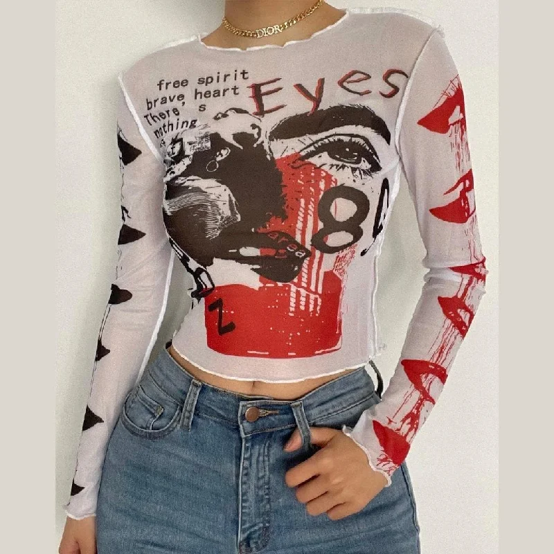 Mesh see through crewneck print ruffled crop top - Final Sale Zippered Buttoned Snapped Mesh see through crewneck print ruffled crop top - Final Sale Zippered Buttoned Snapped