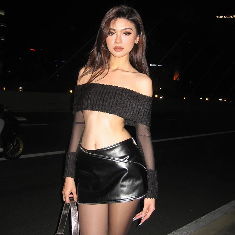Mesh Sleeve Off Shoulder Crop Top Hooded Caped Shawl Collar