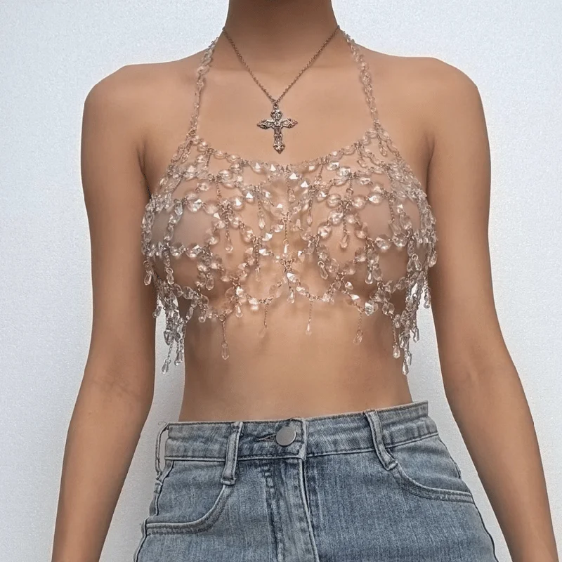 Metal chain plastic crystal halter backless crop top Mesh Canvas Denim