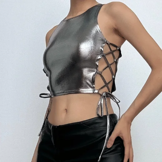 Metallic round neck sleeveless lace up crop top Zippered Front Buttoned Front Snap Front Metallic round neck sleeveless lace up crop top Zippered Front Buttoned Front Snap Front