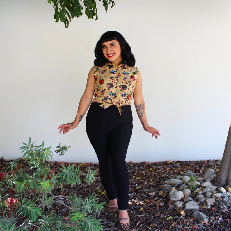 Tattoo Art Sleeveless Tie Crop Top #TKT Solid Color Striped Floral