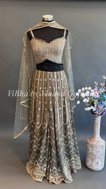 Olive color Sequins Embroidered Sharara with Crop Top and Choker Dupatta Collared Crop Top Boat Neck A-Line Olive color Sequins Embroidered Sharara with Crop Top and Choker Dupatta Collared Crop Top Boat Neck A-Line