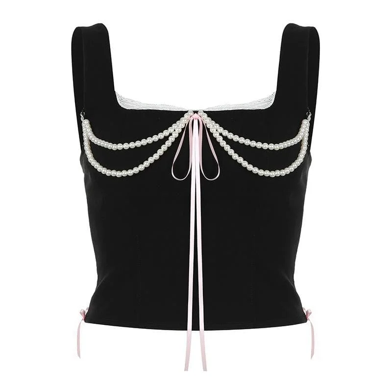 Pearl chain square neck lace hem sleeveless lace up crop top Handmade Hand-knitted Hand-woven Pearl chain square neck lace hem sleeveless lace up crop top Handmade Hand-knitted Hand-woven