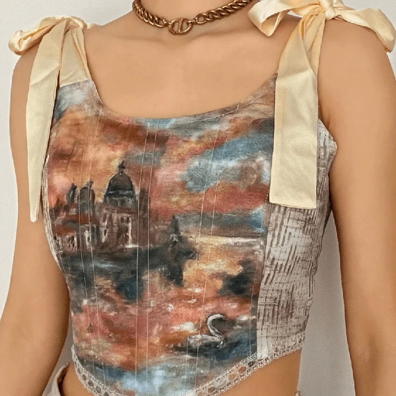 Print lace up back self tie strap bustier crop top Graphic Embroidered Appliqued