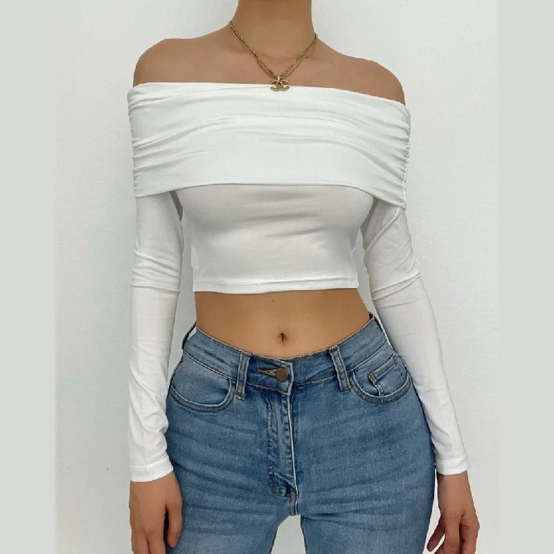 Ruched off shoulder long sleeve backless solid crop top Rayon Fabric Velvet Fabric Corduroy Fabric Ruched off shoulder long sleeve backless solid crop top Rayon Fabric Velvet Fabric Corduroy Fabric